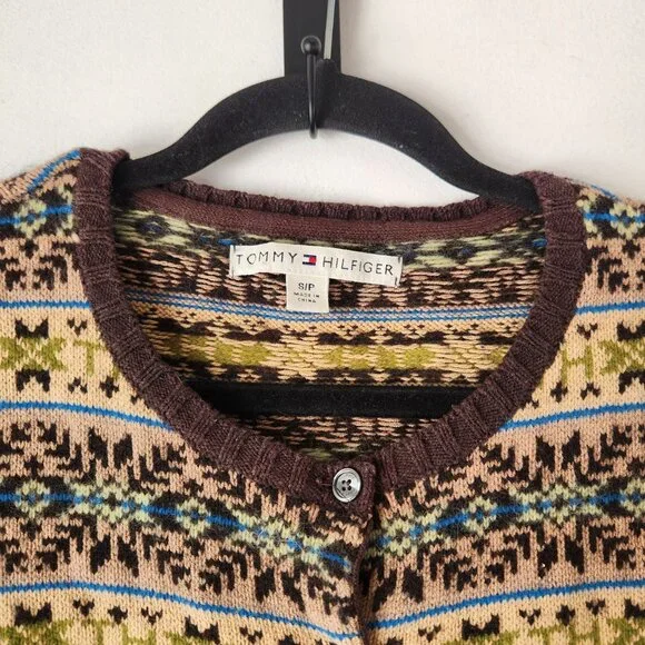 Vintage Tommy Hilfiger Brown Fair Isle Cardigan Sweater Lambswool Alpaca Size S - Picture 3 of 8